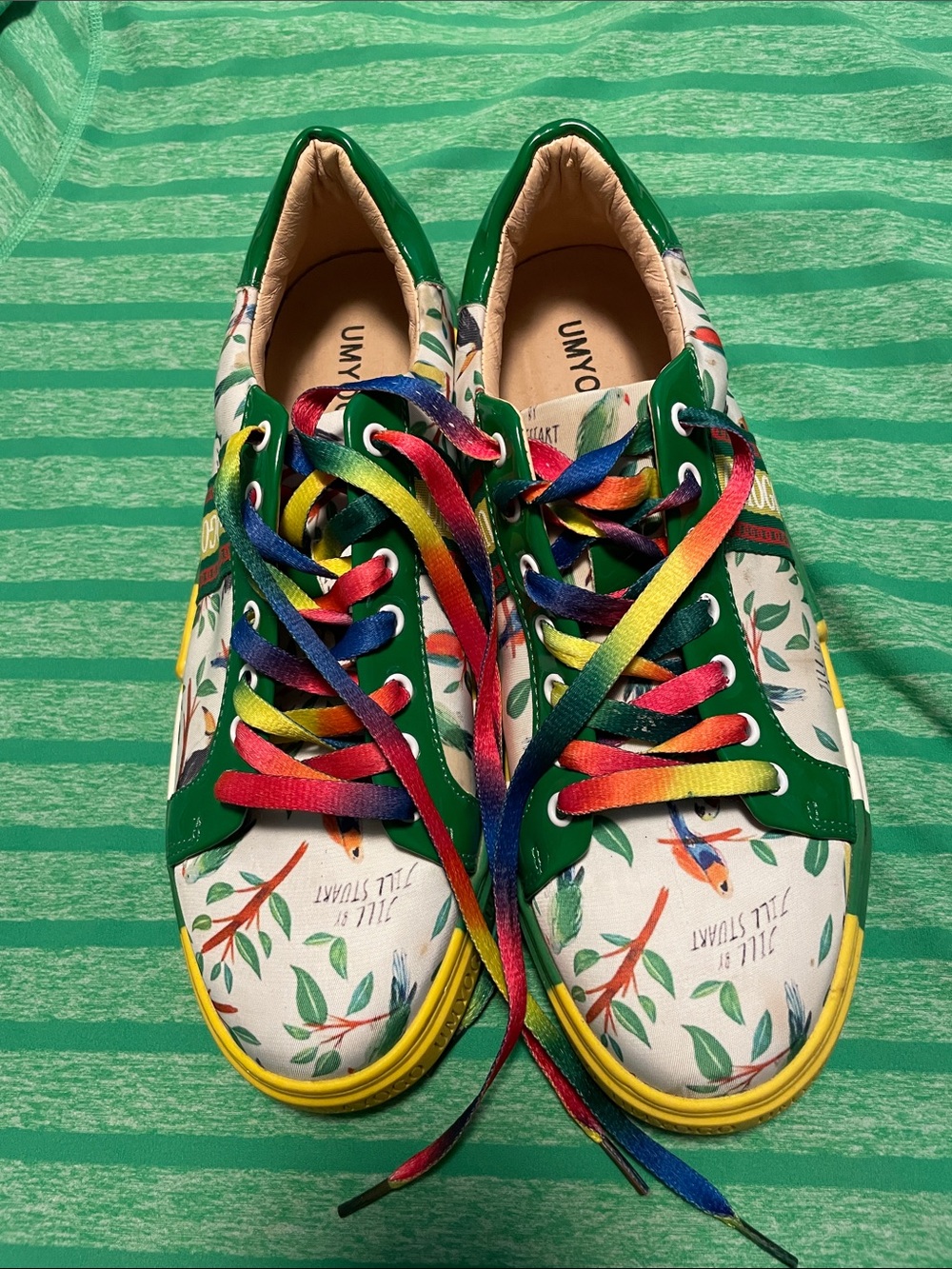 Green Floral Sneakers with Rainbow Laces